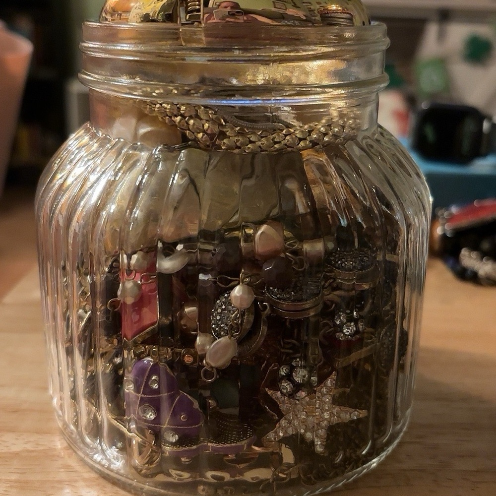 Mixed Costume Jewelry in Decorative Glass Jar - Gold Tones & Accents